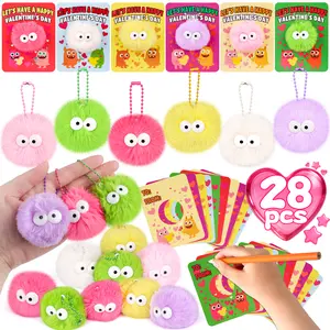 28 Pack Fluffy Keyrings for Kids Classroom Exchange Party Favors, Squishy toys Classroom with Valentine Stuffed Animal Keychain Valentines Cards for Girls Boys Exchange Gifts Mini Plush Toys Valentine Party Favors School Prizes