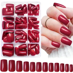 240Pcs Red Press on Nails Medium Size Square Short Length, Glossy Solid Color Fake Coffin Shape Acrylic Gel Nails for Women Reusable False Nails for Women and Girls Fingernails Design