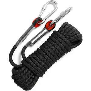 12mm x 32ft/64ft Static Climbing Rope - CE Certified Outdoor Rock Climbing Gear with 2 Steel Carabiners, Anti-Wear Sleeve, and Carry Bag - for Rappelling, Tree Climbing, Rescue, Canyoning (Black/White)