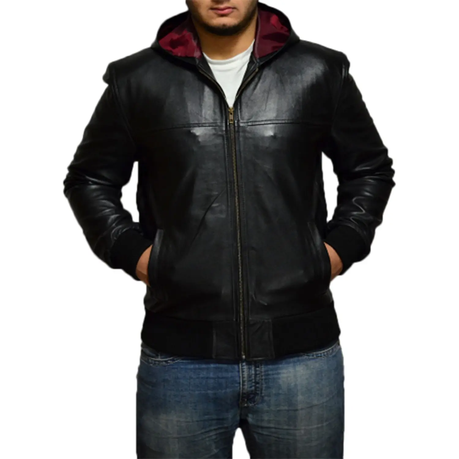 Men's Hooded Black Biker Real Sheepskin Leather Jacket