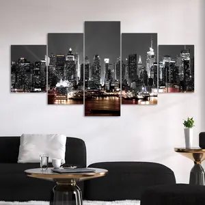 5 Counts Unframed Canvas Poster, Night Cityscape Skyline Poster, Living Room Decoration, Modern Art, Western Wall Art, Family Poster, Wall Art Decoration, Home Decor Accessory, Indoor Decoration, Odorless, Waterproof, Artwork
