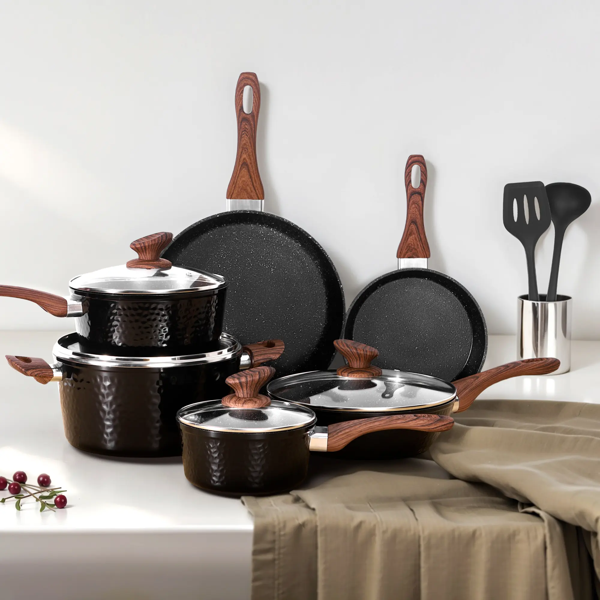 Kitchen Academy Premium Cookware Sets - 12 Piece Triple Coated Nonstick Aluminum Composition for Stovetop Pot Pans Cast Iron Skillet Casserole