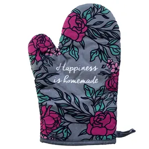 Happiness Is Homemade Oven Mitt Cute Floral Baking Kitchen Glove Funny Graphic Kitchenware Bakeware Funny Motivational  Novelty Cookware Grey