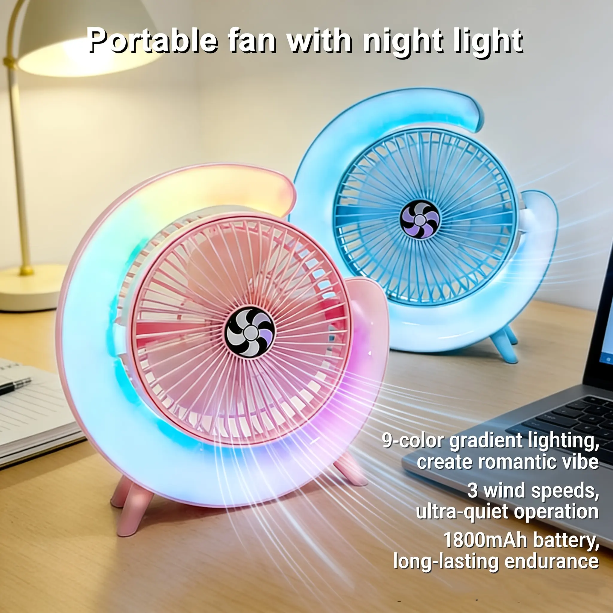 LED Colorful Light Desktop Fan, 3 Wind Speeds, 1800Mah Rechargeable, USB Rechargeable Fan, 9 Lighting Modes, Quiet, Portable, PP Material, Blue/Green/Pink, for Dorm, Office, Bedroom, Desk, Summer Cooling & Aesthetic Decor