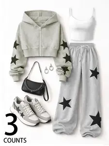 Set of 3 Pieces Women's Star Print Hoodie Set, Cozy Crop Hoodie and Wide Leg Pants Outfit, Casual Loungewear for Women, Streetwear, Perfect for Everyday Wear and Street Style