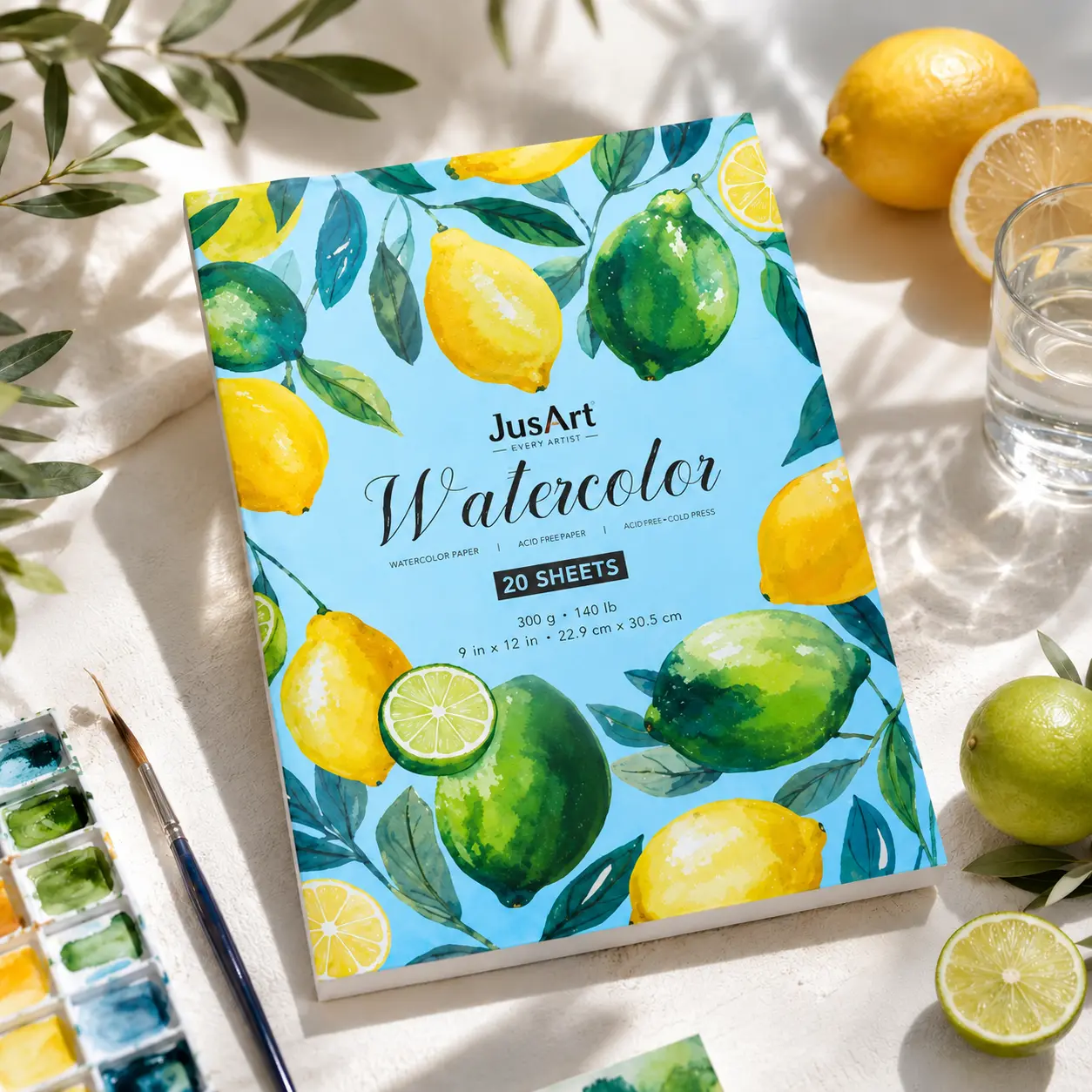 Jusart Cold Press Watercolor Paper Pad, 9"x12", 300gsm/140lb, Acid-Free, 20 Sheets, Art Materials, Art Painting Supplies, Sketching Pad, for Wet & Dry Media, Gouache, Ideal for Students & Artists
