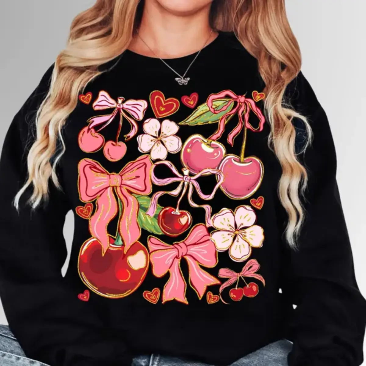Boho Cherry Coquette Crewneck Sweatshirt, Preppy Cherries T-shirt, Women's Grace, Faith Apparel, Bible Verse, Vintage Graphic Streetwear, Floral Berry Tee, Summer Cherry Hoodie, Religious Christian Mom, Trendy Faith-Based