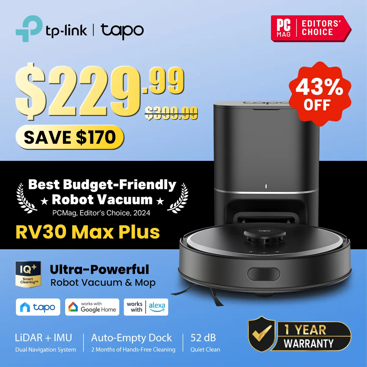 TP-Link & Tapo RV30 MAX Plus: LiDAR Robot Vacuum & Mop with Auto-Empty Dock, 5300Pa,Smart Mapping, Voice Control, 97%+ Dust Pickup, 3L Dust Bag, 2 Months Hands-Free Cleaning,dorm essentials,home essentials