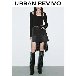URBAN REVIVO Women's High-Waist Faux 2-Piece Patchwork Lace Denim Half Skirt - Denim Fabric, Mixed Length, Patchwork Detail Skirts, 2025 Casual OOTD, Stylish Elegant Versatile Women's Bottoms