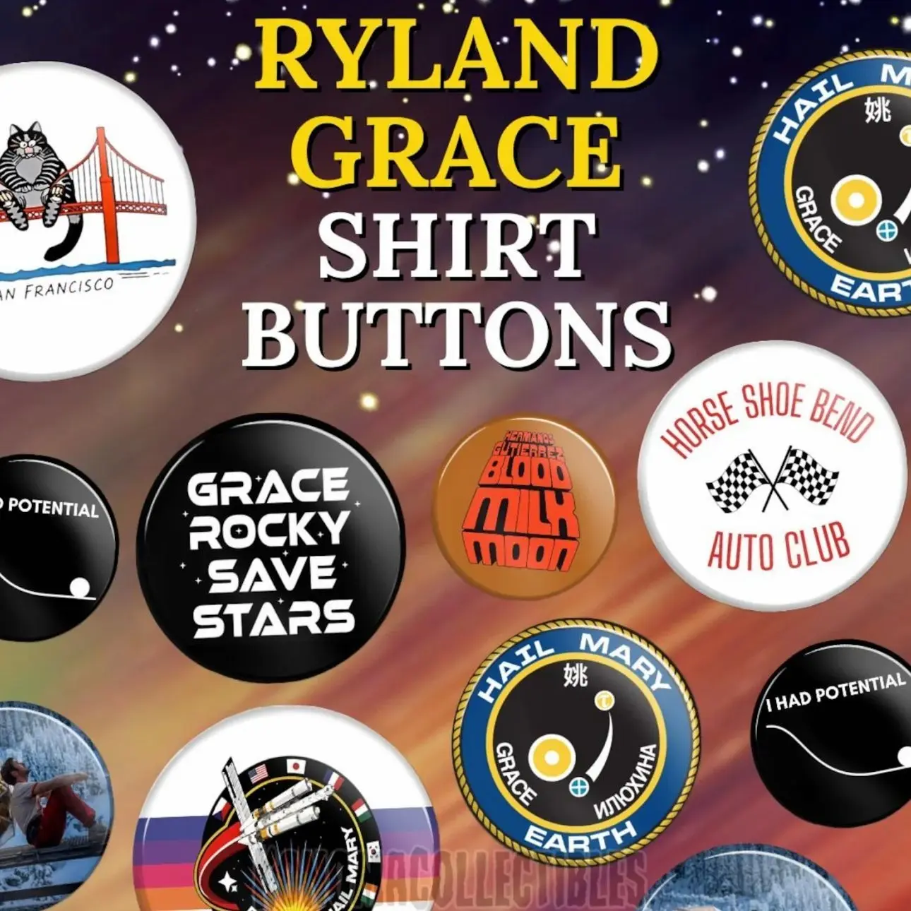 8 Ops (NOT COMBO 8) Ryland Grace Shirt Button Pins |  Inspired Project Hail Mary Ryan Gosling Rocky Pin Gifts