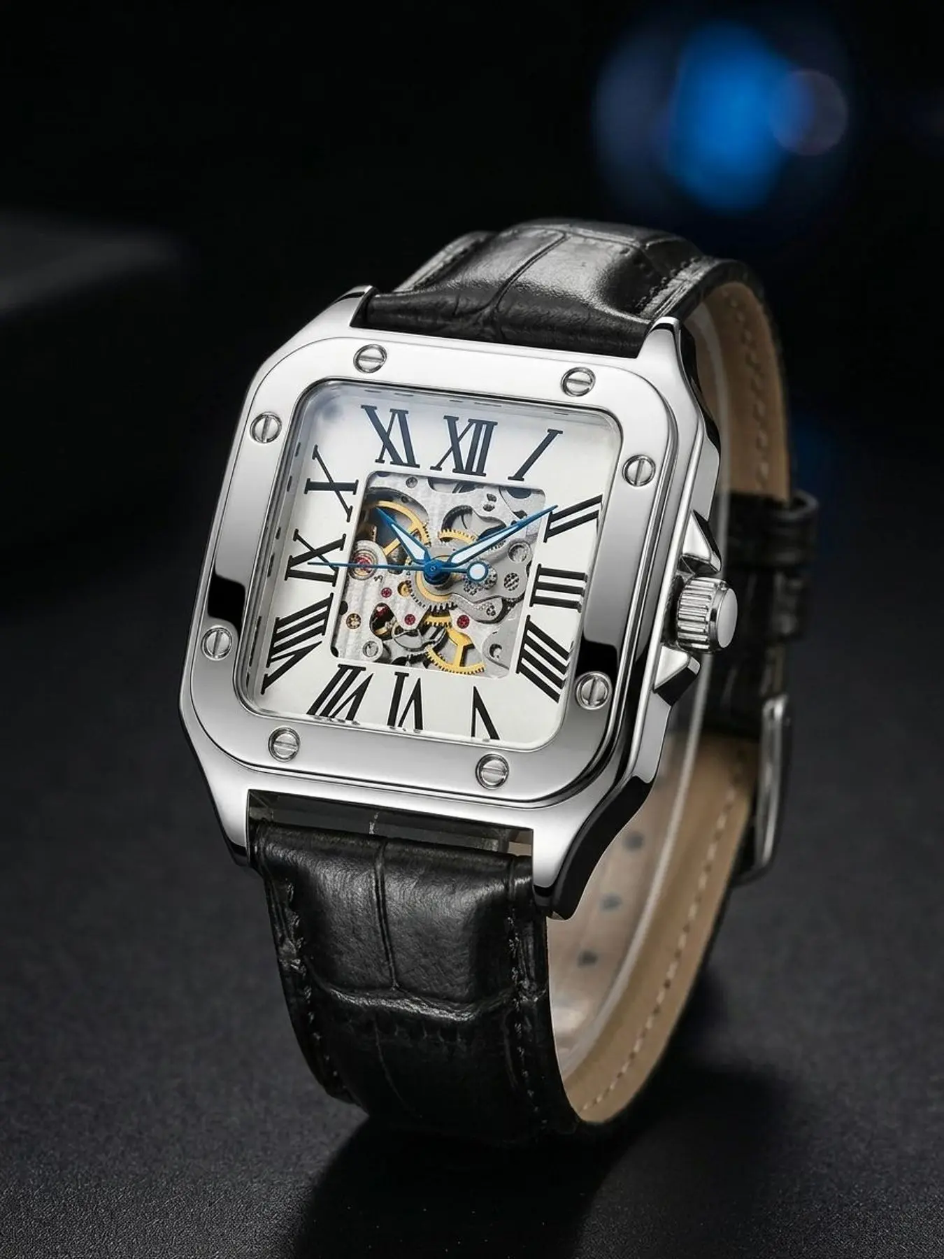 A men's square silver frame black leather strap Roman numeral skeleton mechanical fashion watch Analog Watch Fashionable Wristwatch Fashionable Watches