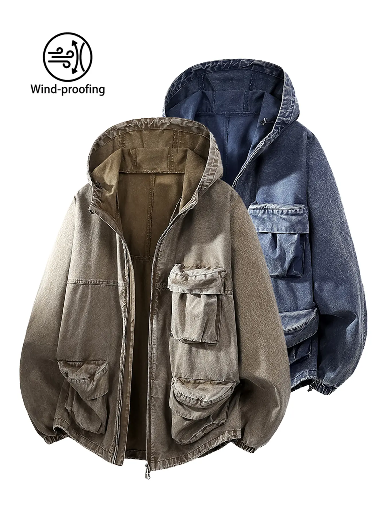 Menswear Plain Stylish Vibe Vintage Stone-Washed Canvas Hooded Full-Zip Windproof Oversized Cargo Jacket - Multi-Functional Utility Coat with Distressed Relaxed Silhouette for Men Fall Winter Daily Wear