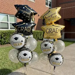 12pcs Graduation Party Balloon Set, Balloon Decorations Kit, Dual Layer Caps, 18-Inch Foil Balloons, 12-Inch Gold Print Latex Balloons, Class of 2026