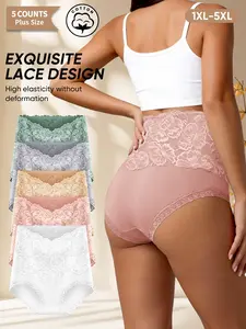[5 Pack] Cotton Lace High-Waist Women's Underwear Panties, 1xl-5xl,Soft Breathable No Sweat, Comfortable Butt-Lift Not Tight, Multi-Color Triangle Pants High Waisted Underwear Fit