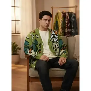 Men's letter and dinosaur printed off shoulder cardigan, loose casual long sleeved V-neck button up knitted fabric for autumn and winter, men's knitted daily wearRAIMENTRY