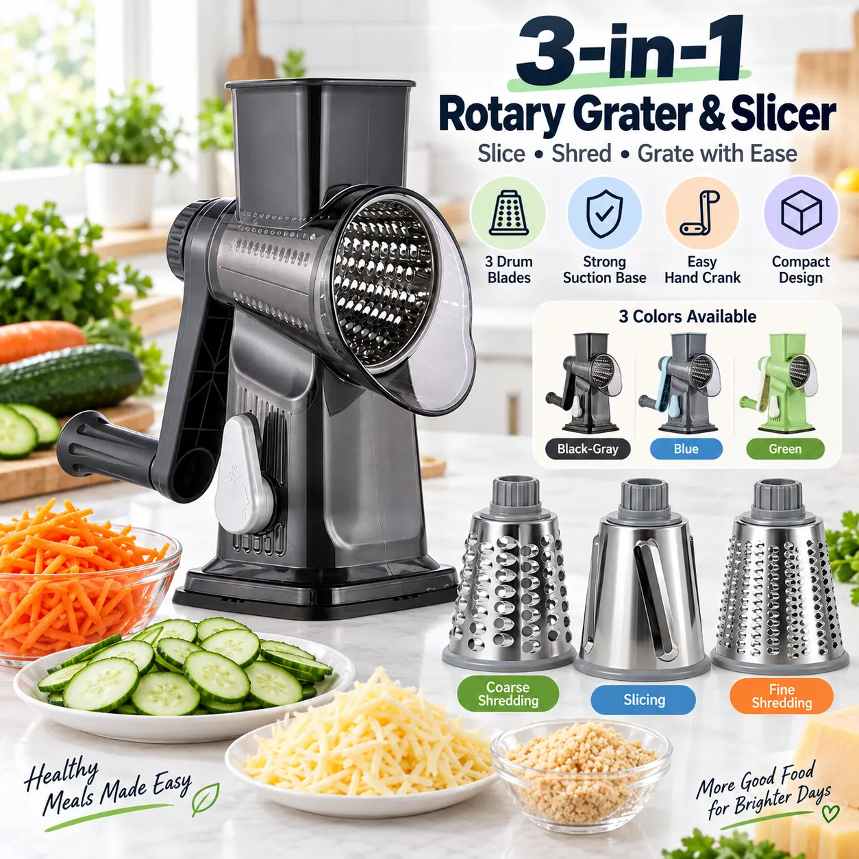 3 Blade Food Chopper for Kitchen, Fast Vegetable Cutter with Sharp Blades for Slicing Dicing Chopping, Multifunctional Manual Vegetable Processor for Salad, Fruits, Vegetables, Onion and Daily Cooking Preparation