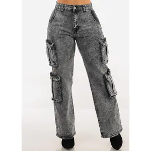 High Waisted Stretch Cargo Jeans Black Acid Wash
