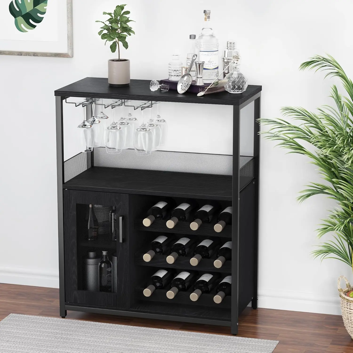 Black Compact Bar Cabinet with Detachable Rack, Coffee Bar Function, Glass Holder, Mesh Door, Metal Legs, MDF Panels & Easy Setup, Compact Bar Cabinets