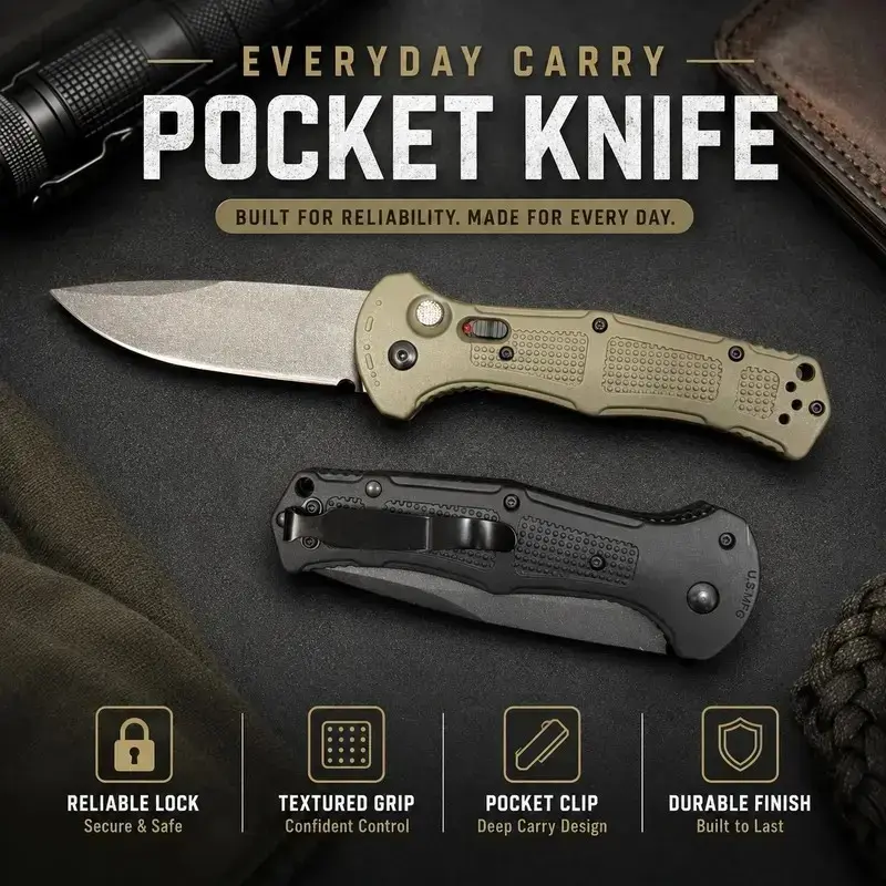9070 CLA Utility Button Lock Folding Knife | D2 Steel Battlewash Blade | Non-slip Handle | Outdoor Fishing Camping EDC Tool