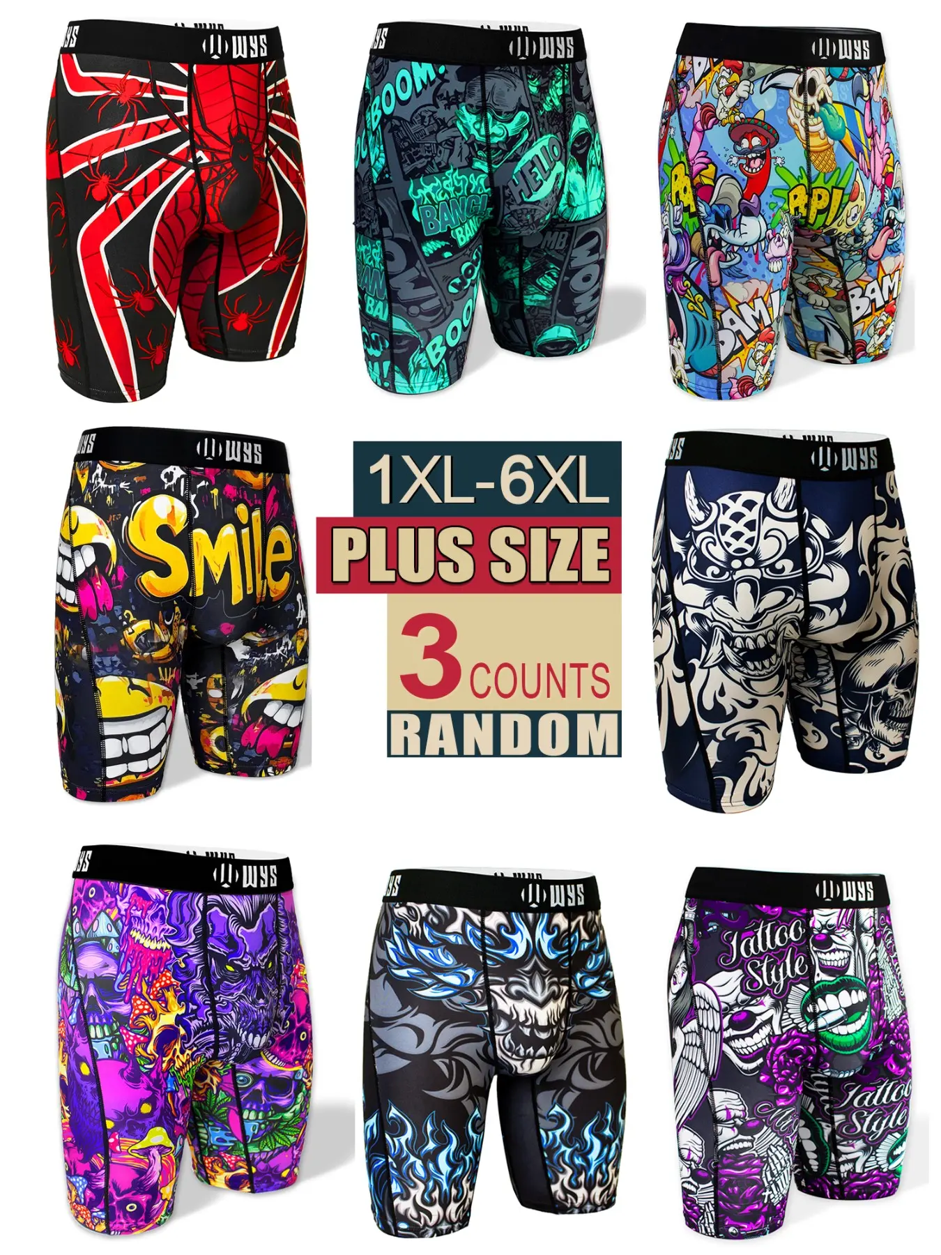 Men's Plus Size Random Sports Boxer Briefs (3pcs), Breathable Sporty Underwear, Training Underwear, Athletic Underwear for Workout, Gym & Fitness, Moisture-Wicking & Quick-Dry Boxers for All Seasons, Spider Print, Elastic Waist