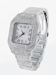 Men's Casual Fashion Quartz Watch, Square Rhinestone Decorated Alloy Case Wristwatch, Elegant Square Dial, Watch Suitable For Casual Business Wear, Birthday Christmas Gift, Classic Simple Fashion Street Style For All Seasons, Rhinestone Watches
