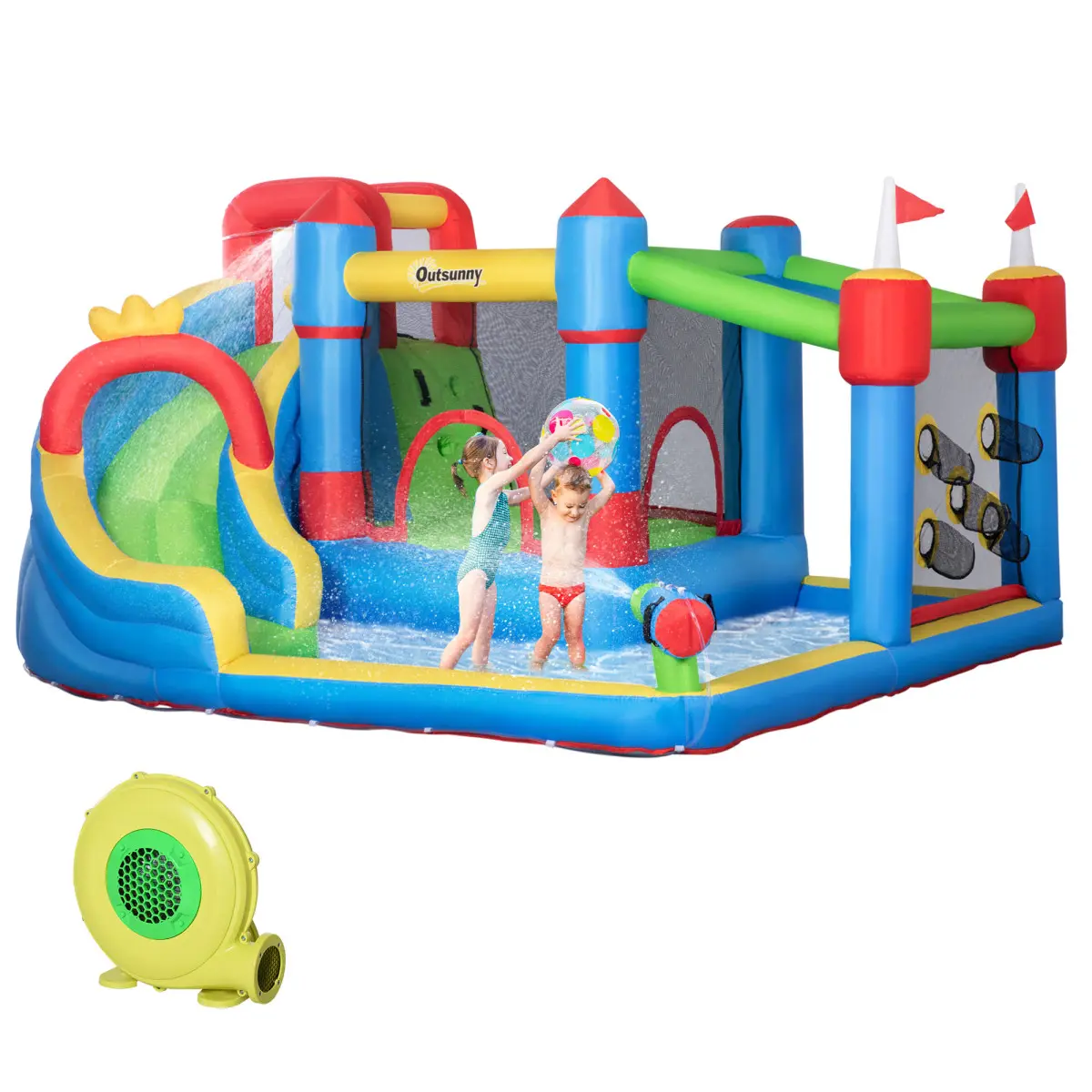 Outsunny 6-in-1 Unisex Inflatable Bounce House Water Park with Slide, Climbing Wall, Water Cannon, 2-Min Inflator, Sports Oxford Fabric Kids' Outdoor Playground Equipment