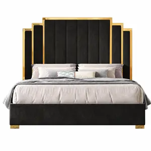 [MothersDayGift] #Summervibes AMERLIFE Bed Frame with 65" Headboard, Upholstered Platform Bed with Golden Plating Trim, Modern Luxury Bed Frame, No Box Spring Needed/No Mattress/Queen/King//Unique Bedroom Furniture/Best Gift Ideas/Christmas Gifts