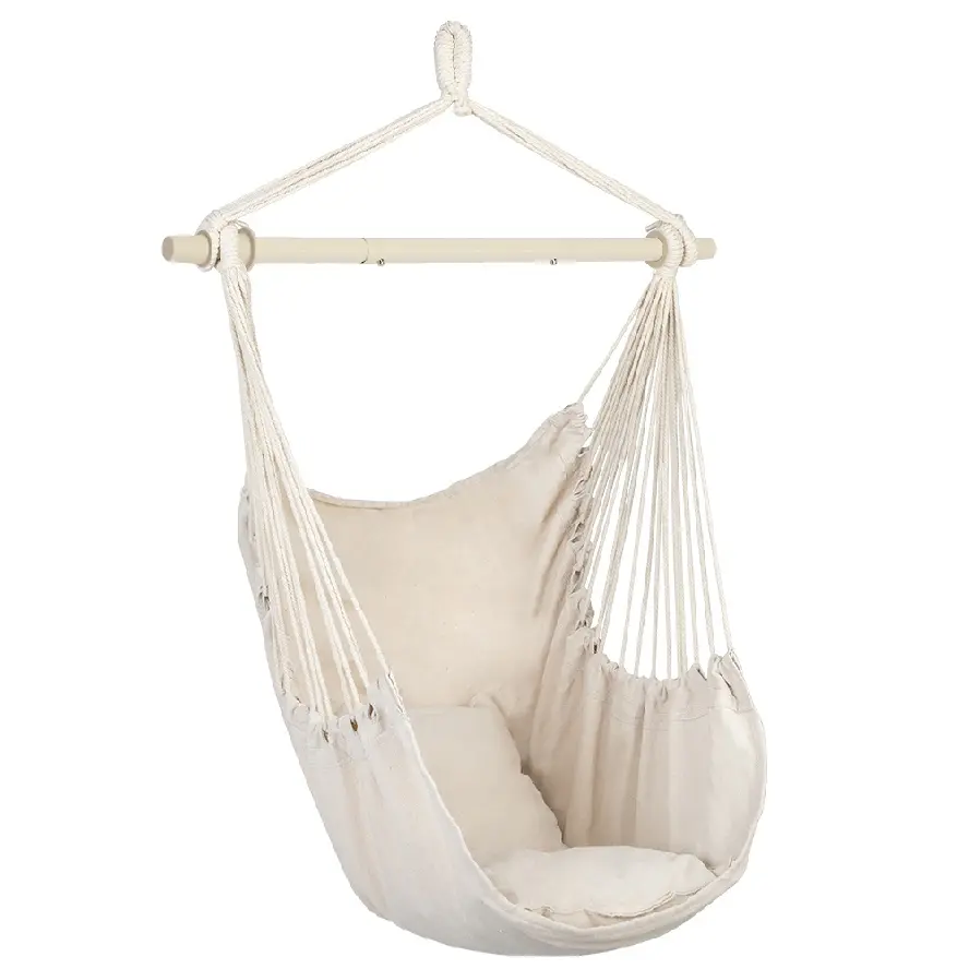 Cotton Canvas Hanging Chair with Cushions, Beige Rope Hammock Chair with Wooden Spreader Bar, Comfortable Indoor Outdoor Swing Seat for Bedroom, Patio, Porch, Balcony & Relaxing Spaces