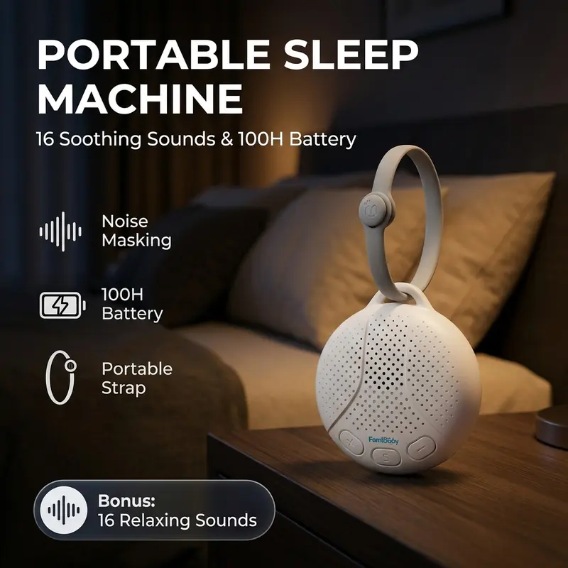 Plastic Portable White Noise Audio Machine - Multifunctional Speaker, Compact Sleep Aid for Adults, Parents, 16 Soothing Sounds (Rain, Ocean, Heartbeat, Birds), Noise Masking, Adjustable Sound Volume, 1-Touch Control, 100H Battery Life, Travel Lanyard