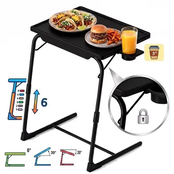 Adjustable TV Tray Table with Cup Holder, 6 Height & 3 Tilt, Portable TV Dinner Tray for Eating, Bed, Couch, Folding TV Trays