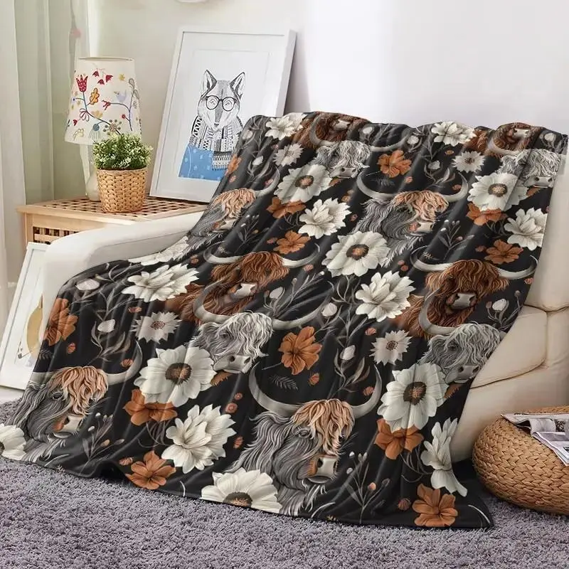 Floral & Cattle Print Throw Blanket, Soft Warm Napping Blanket, Air-conditioned Room Blanket, Bedroom Accessories, Home Office Travel Blanket, Cozy Chic Blanket, Cow Pattern Blanket