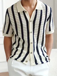 Men's Striped Floral Cardigan, Cardigan Sweaters, Summer Lightweight Business Casual Short Sleeve Polo Neck Knitwear, Breathable Mesh Design