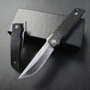 EDC Damascus Steel Folding Pocket Knife，arbon Fiber Handle Folding Knife, Must-Have Gear for Outdoor Adventures & Bushcraft