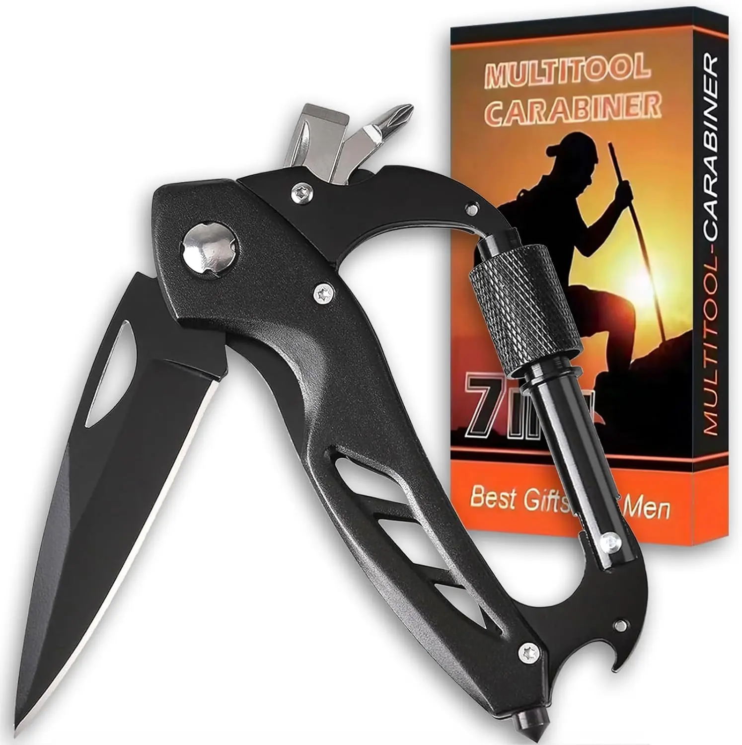 Compact Folding Multi-Tool Carabiner - Knife, Screwdriver, Bottle Opener, Glass Breaker - EDC Survival Gear for Men, Camping, Hiking