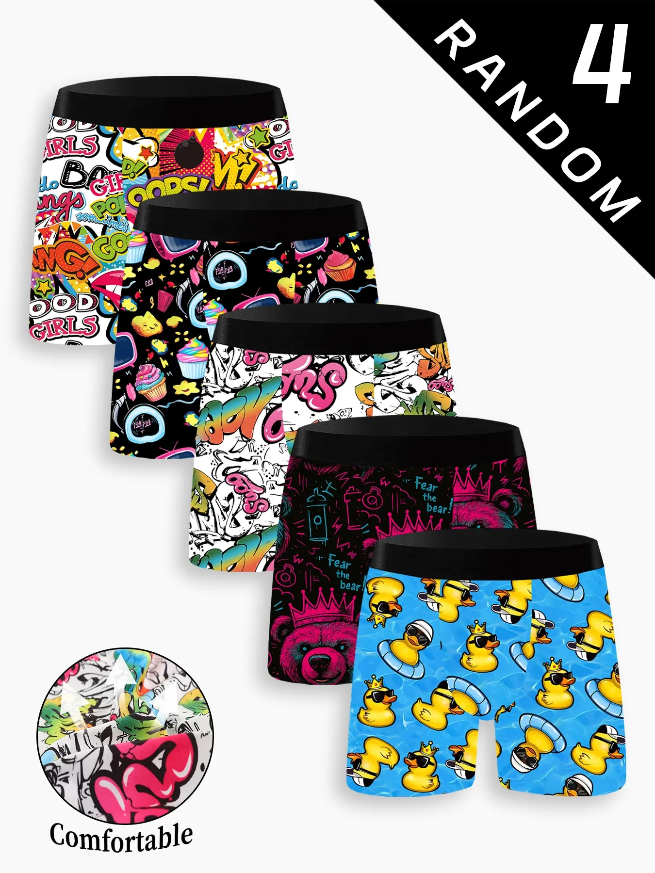 Men's Casual Graffiti Boxer Shorts, Fun Duck Bear Cake TV Patterns, Breathable Elastic Comfort Fit, All Season Sporty Underwear, Boxer Briefs, Stretchy Boxer Briefs