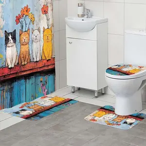 1/4pc4 Cute Kitten Pattern Bathroom Set, The 4-piece set includes a single shower curtain, anti slip floor mat, toilet U-shaped mat, toilet lid mat, with shower curtain hook, and belongs to bathroom decoration products