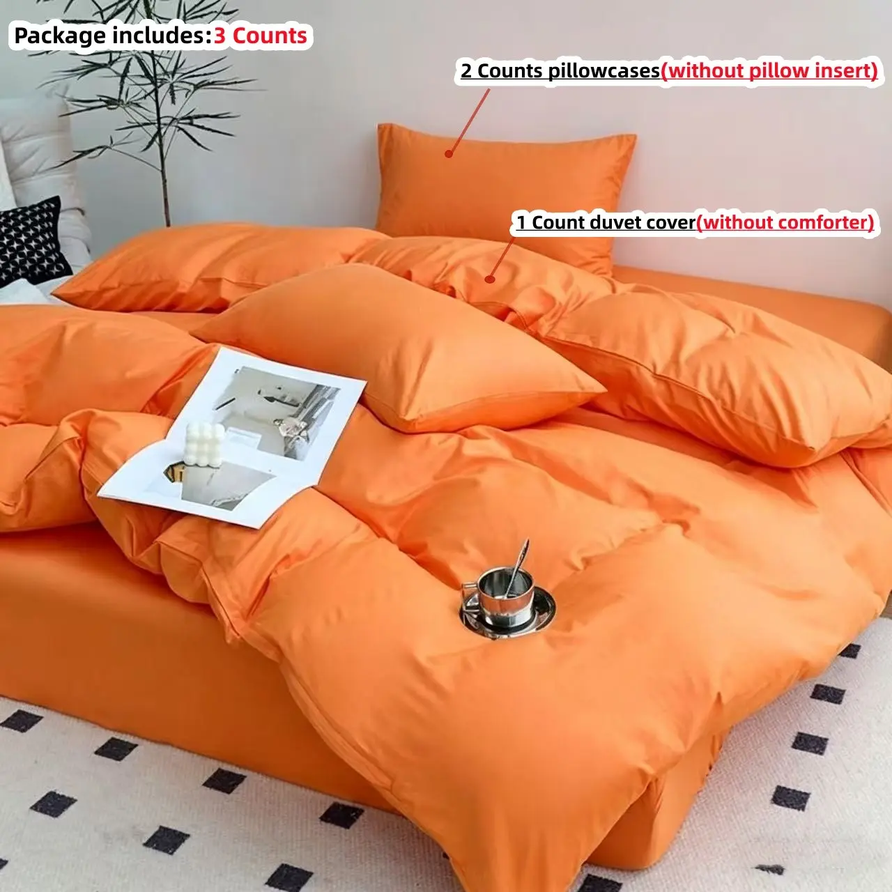 3pcs hot pink and hot orange Bedding Set, Includes 1 Fitted Sheet and 2 Pillowcases, Zippered, Washable, Soft Fabric, Suitable for All Seasons
