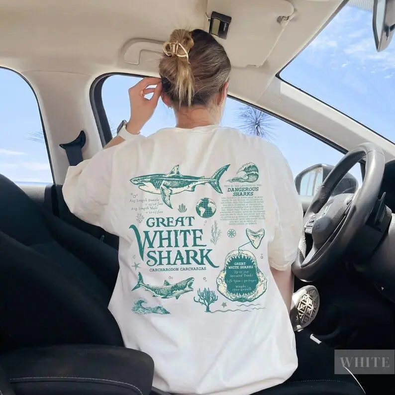 【100% cotton】 Great White Shark Tee | Vintage Sea Animal Lover Gift | Marine Wildlife Anatomy Biology Graphic T-Shirt | Cute Oceancore Aesthetic | Ocean Conservation Top | Retro Science Nature Apparel | Unisex Soft Cotton Casual Shirt