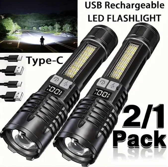 Super Bright LED Flashlight with Type-C Port, Rechargeable Waterproof Tactical Light, Compact for Garage/Hiking/Outage, Choose 1-Pack or 2-Pack