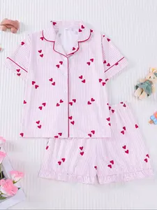 Kids Cute Heart Sleepwear Set, Fire Retardant Button Front Shirt and Elastic Waist Shorts, Casual Home Wear for Girls, Cartoon Print Pajama