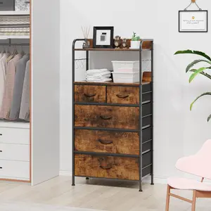 5-Drawer Dresser Tall Dresser for Bedroom, Fabric Bins, Modern Bedroom Storage Organizer with Wood Top & Sturdy Steel Frame,Easy Pull Handle, Hallway