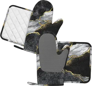 (SPECIAL PROMOTION) Oven Mitts and Pot Holders Marble Black Gray Gold Silicone Kitchen Accessories Set of 4 Heat Resistant Long Gloves Potholder Non-Slip Grip for Chef Cooking,Baking,Grilling,BBQ Bakeware Hanging Waterproof