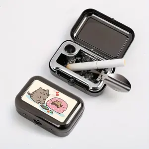 1pc Iron Portable Ashtray with Cat Print, Square Multi-Functional Metal Box, Fashionable Men'S Thick & Thin Cigarette Outdoor Pocket Car Ashtray, Small Size, No Power Required, Decorative Home Accessory