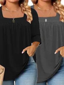 【Plus Size】 Summer New Arrival Plus Size Women's Square Neck Ruffled Sleeve Solid Color Short Sleeve Oversized Top Two-Piece Set, Casual Fashion