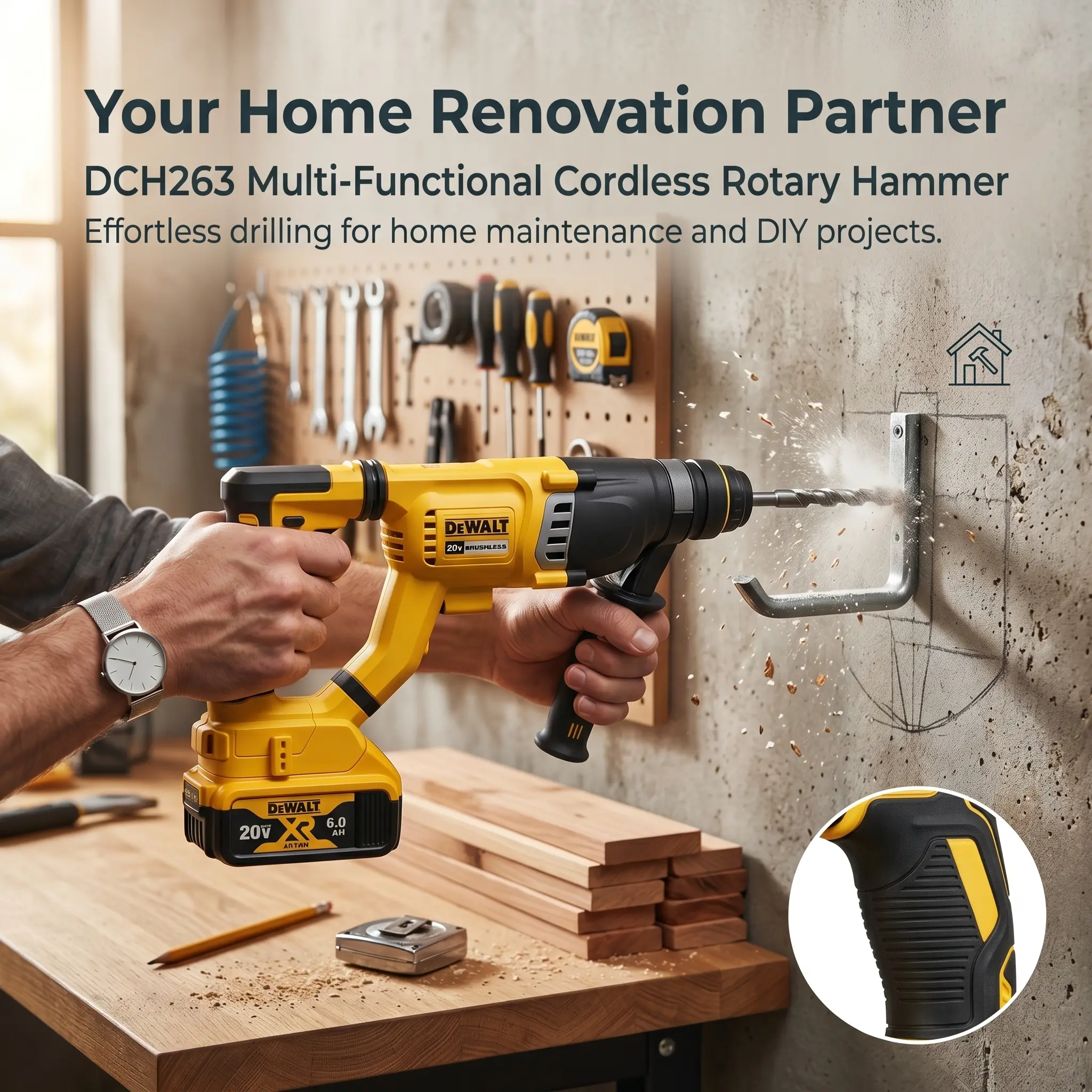 Dewalt DCH263 rotary hammer,SDS Plus cordless hammer drill,20V XR brushless chipping hammer,concrete drilling power tool,three mode electric hammer impact, Diy Power Tools, Hardware Cordless