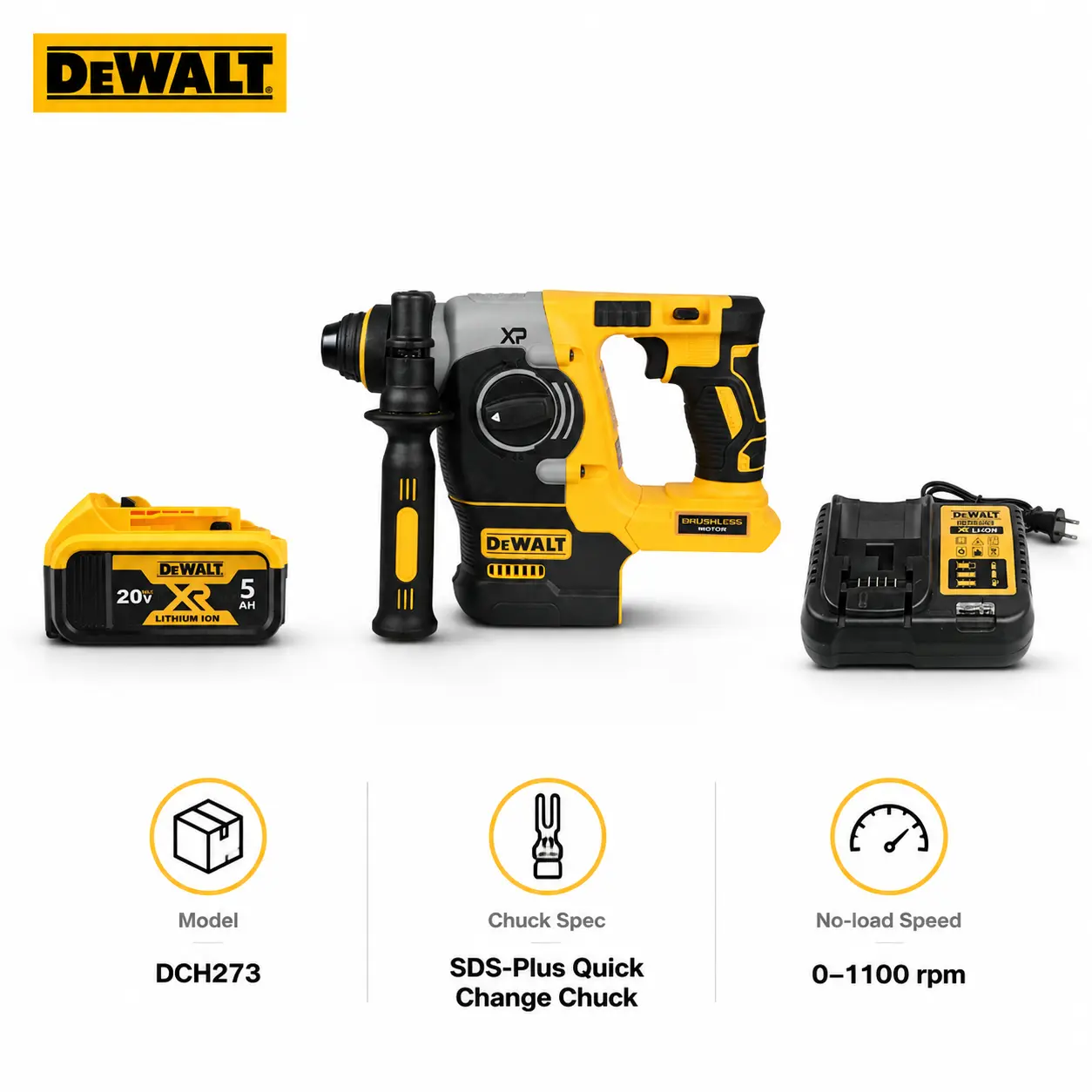 DEWALT 20V MAX XR Brushless SDS-Plus Rotary Hammer Drill Tool, High-Impact 2.1 J, SHOCKS Active Vibration Control, LED Light for Concrete Drilling, Masonry Anchoring, Construction Contractors, Overhead Work (Tools Category)