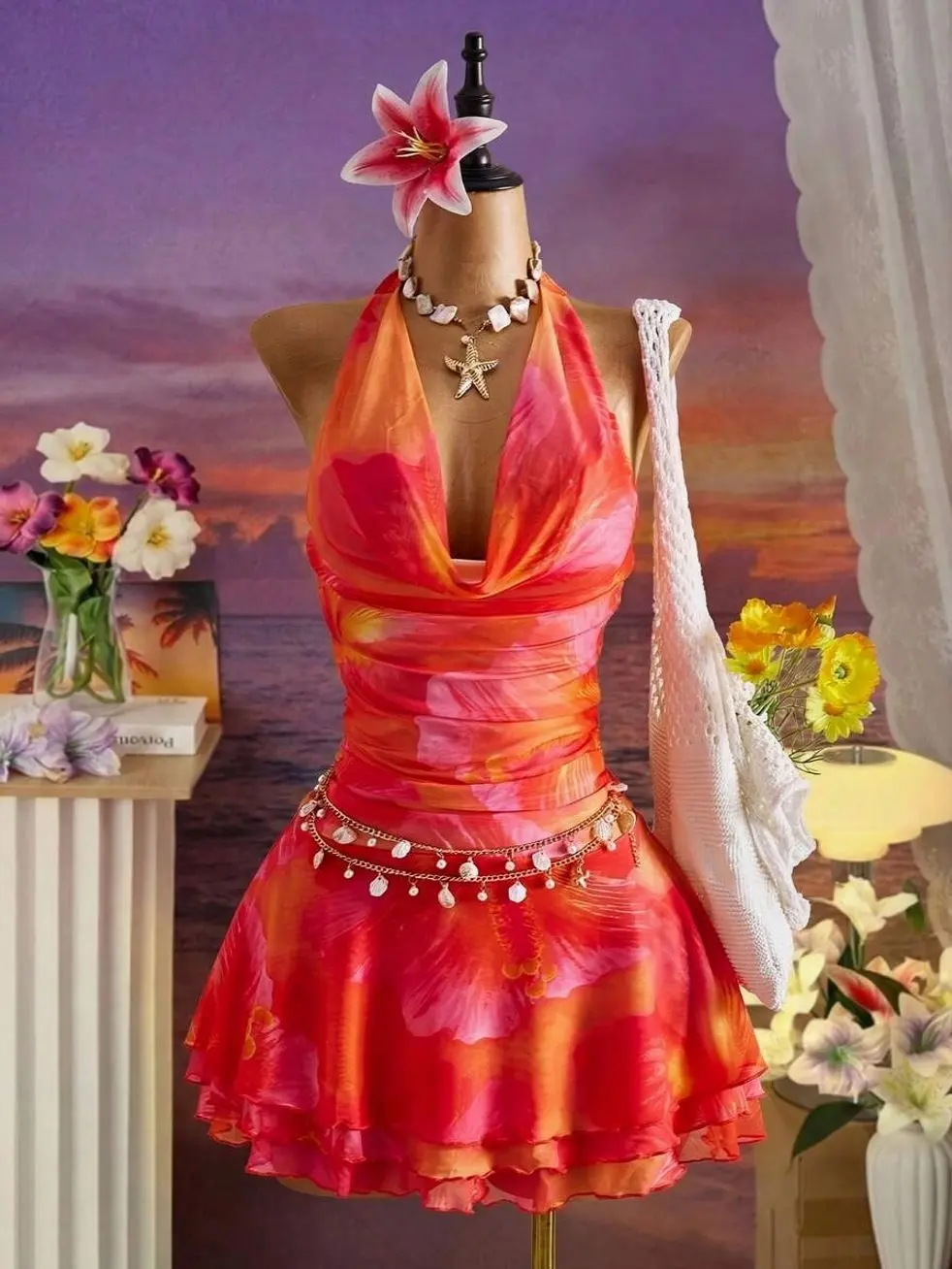 Bellisia Sunset Orange Tropical Floral Halter Mini Dress | Plunging Cowl Neck Ruched Waist Tiered Ruffle Hem Beach Dress