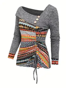 New Women's Autumn Winter Ethnic Pattern Patchwork Asymmetrical Neck Long Sleeve Knit Top, Casual Style Slim-Fitting Thin Fabric, Knitwear, Womenswear