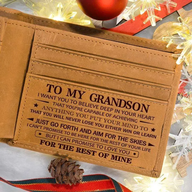 To My Grandson Premium Cow Leather Card Wallet - Durable Leather Cow Hide Men's Wallet, Christmas Gift for Son, Back to School Supplies, Durable Wallet, Leather Wallets
