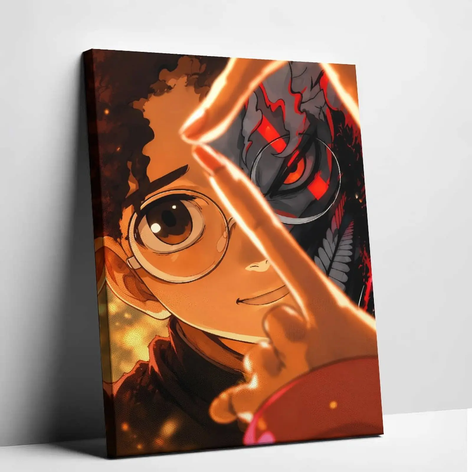 Dandadan Anime Framed Wall Art Print, Manga Poster with Orange Neon Glow, Okarun & Ken Takakura Graphic, Cool Otaku Gift for Room Decoration